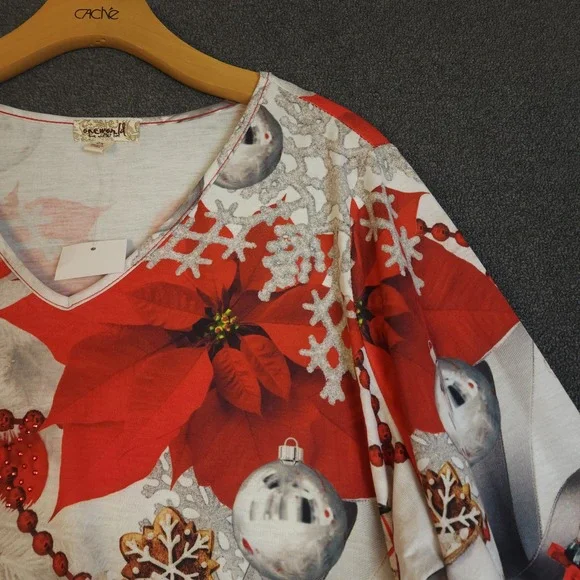 One World Womens 2X Christmas Poinsettia Nutcracker Print V Neck Tunic Top - Picture 2 of 9